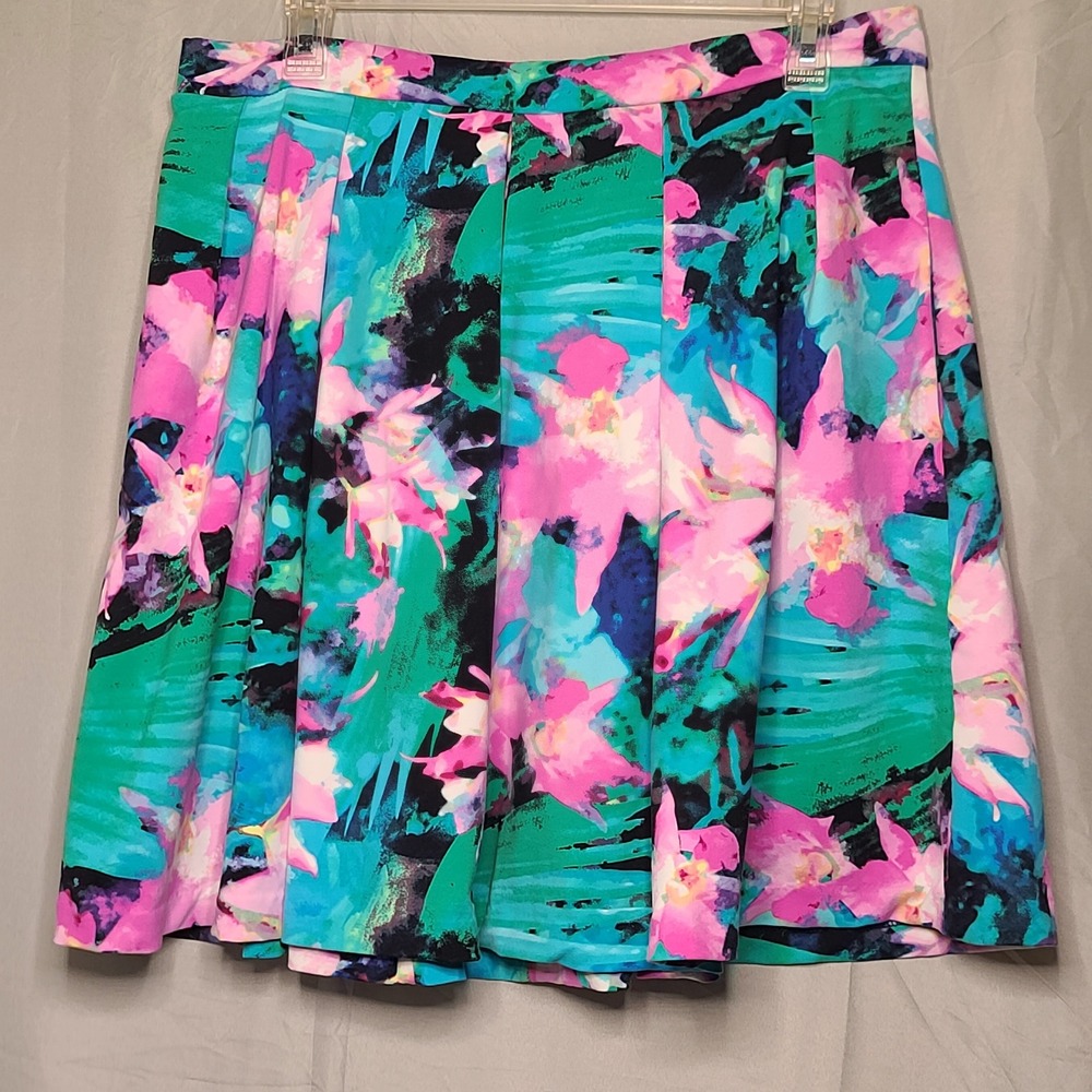 Cynthia Rowley Floral Pleated Skirt Womens Large Teal Pink Tropicalβ Pocket Mini